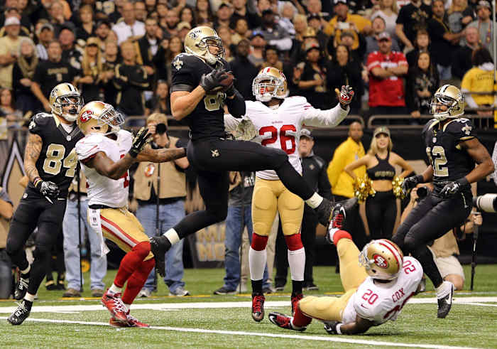 Nov 9, 2014; New Orleans Saints tight end Jimmy Graham (80) catches an apparent touchdown, but was flagged for offensive pass interference on the last play of regulation against the San Francisco 49ers. Mandatory Credit: Chuck Cook-USA TODAY Sports